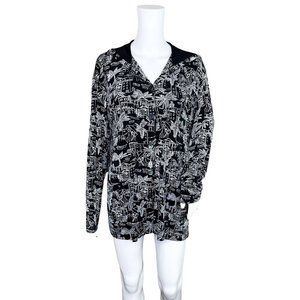 Chico's Travelers Black White Tropical Button Up Hoodie Cardigan Jacket 2 Large